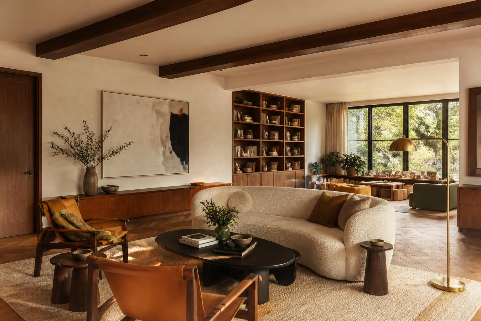 Refined adult living area with ivory sculptural sofa, walnut chairs, brass lighting, and connected playroom