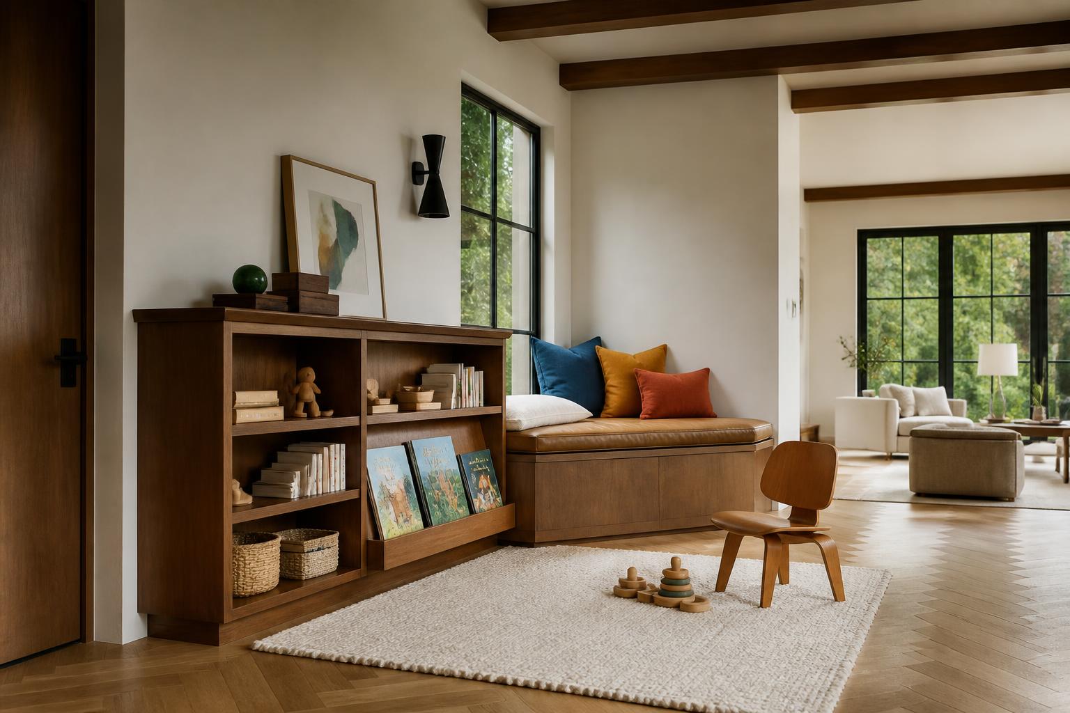 Walnut children’s library and camel window reading nook with colorful cushions and concealed storage