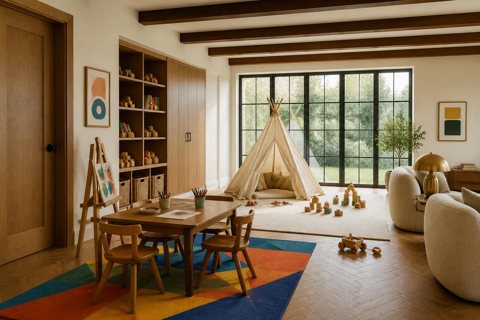 Sophisticated children’s art and imaginative-play area with wood furniture and bright geometric rug