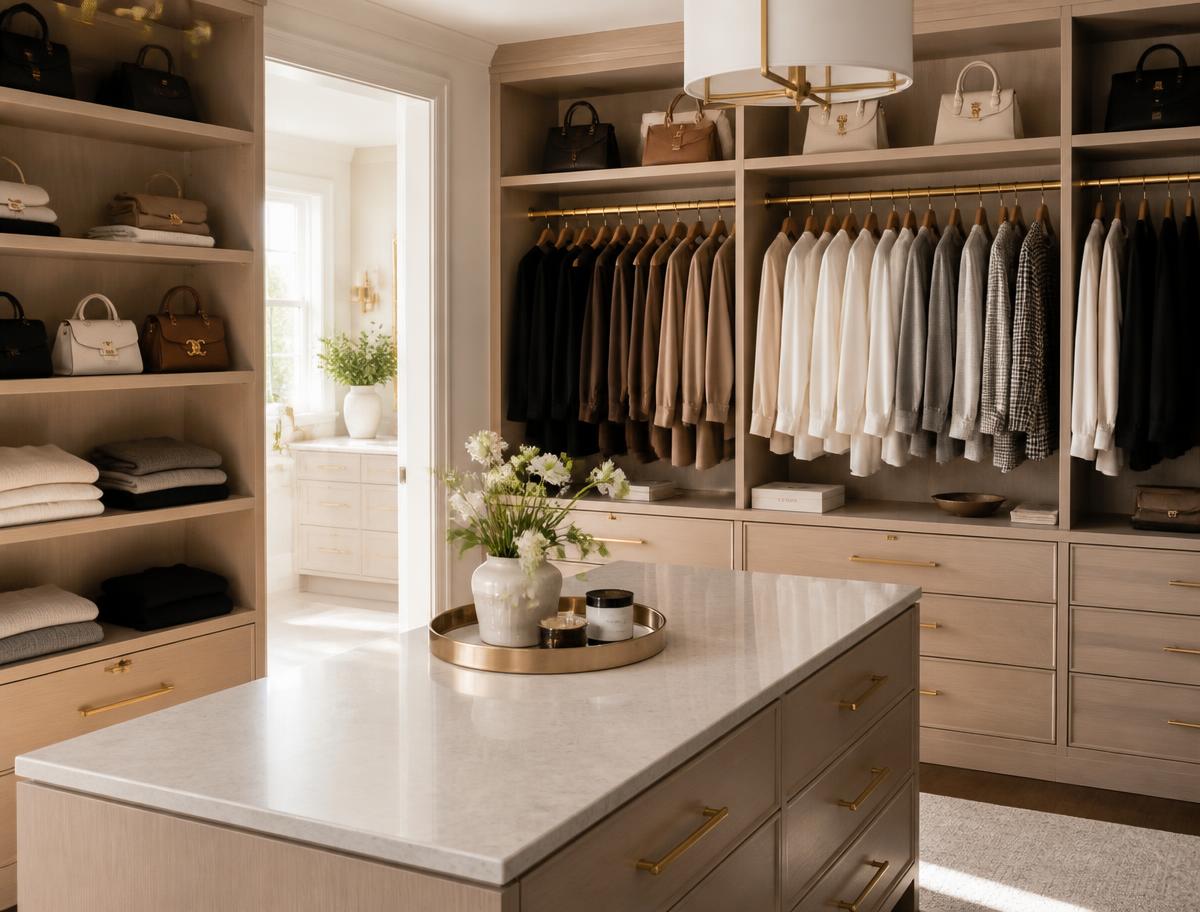 Boutique-style walk-in closet with matching wood hangers, folded knitwear on open shelves, and a soft neutral palette