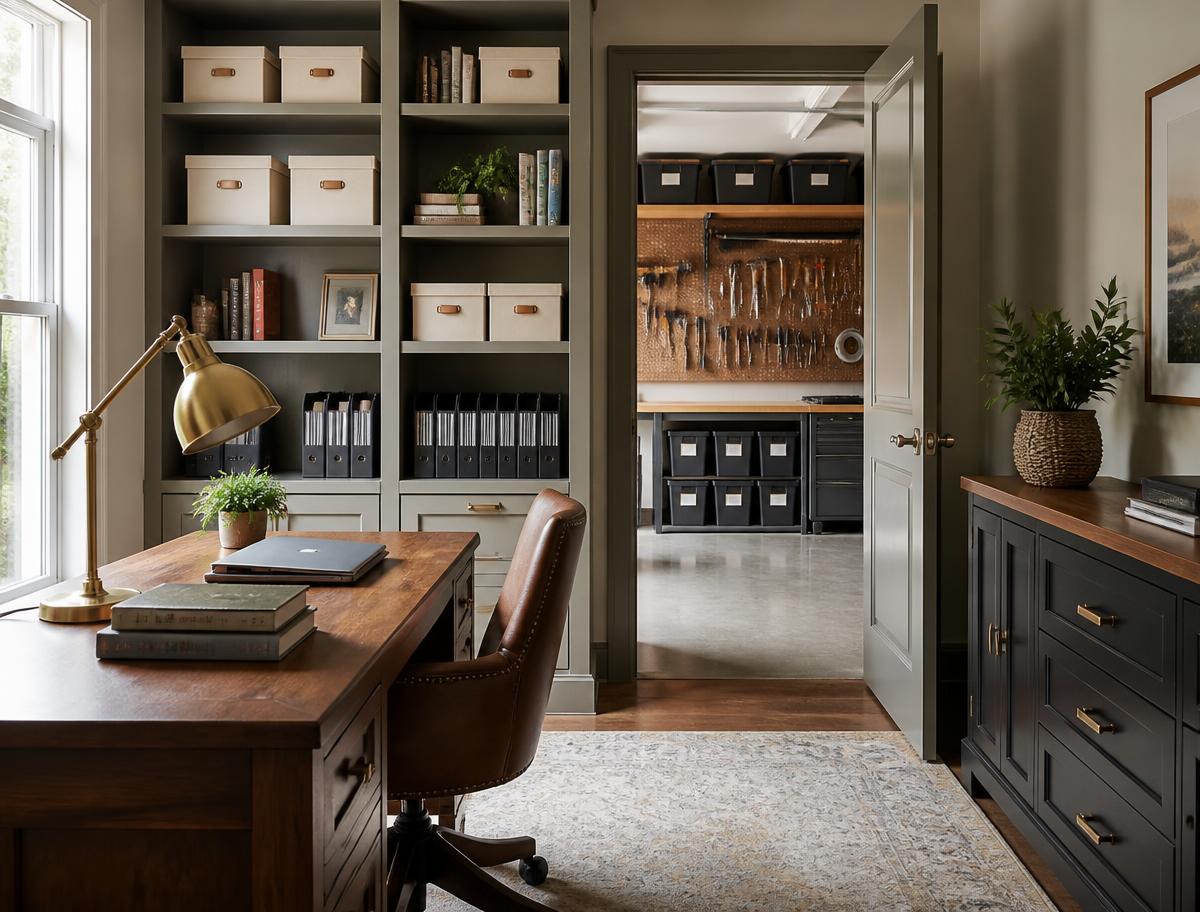 Home office storage wall with labeled document boxes, styled bookshelves, and a tidy desk in warm neutral tones