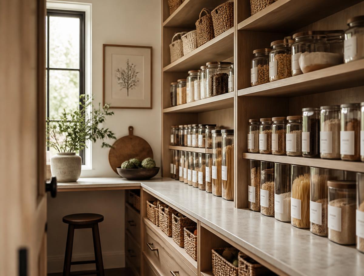 Organized walk-in pantry with decanted staples in glass canisters, labeled woven baskets, and open oak shelving